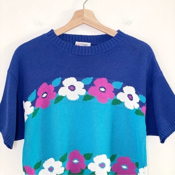 Vintage Cristin Stevens 80’s 90’s Floral Knit Short Sleeve Sweater Top - Picture 3 of 14